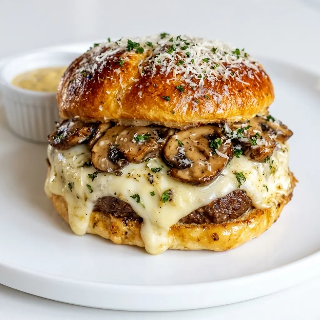 Mushroom burger with grilled mushrooms, mushroom sauce and melted cheese at Taystee Donair & Pizza in Clareview, Edmonton, AB