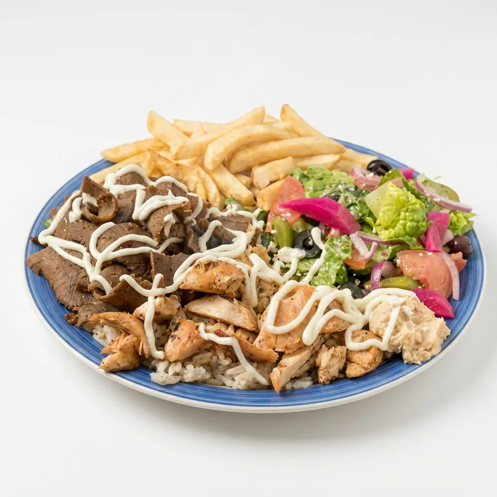 Rice platter with donair beef, shawarma chicken, salad, fries and hummus at Taystee Donair & Pizza in northeast Edmonton, AB